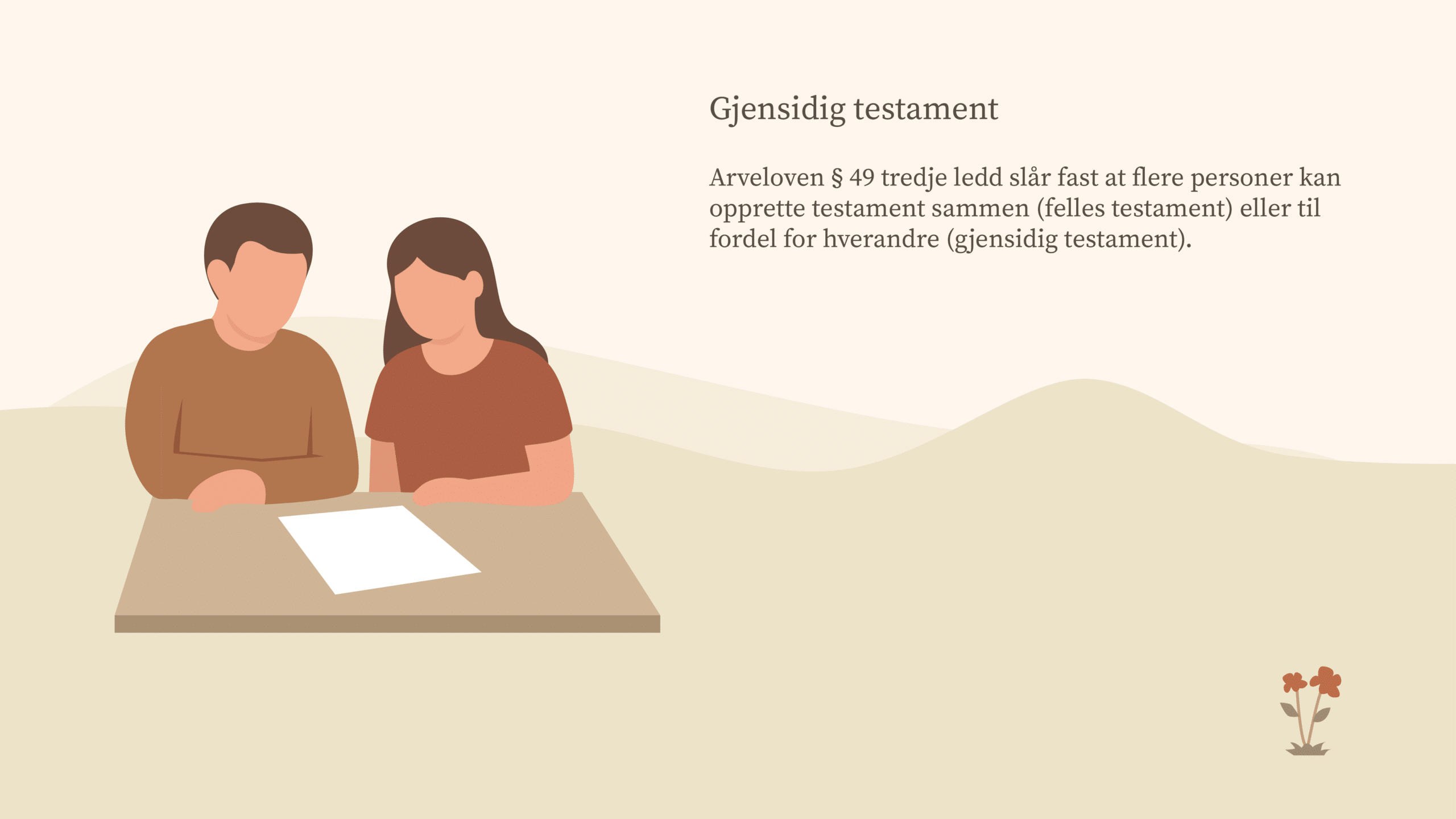 Illustrasjon av par som sitter ved bord og oppretter felles testament sammen