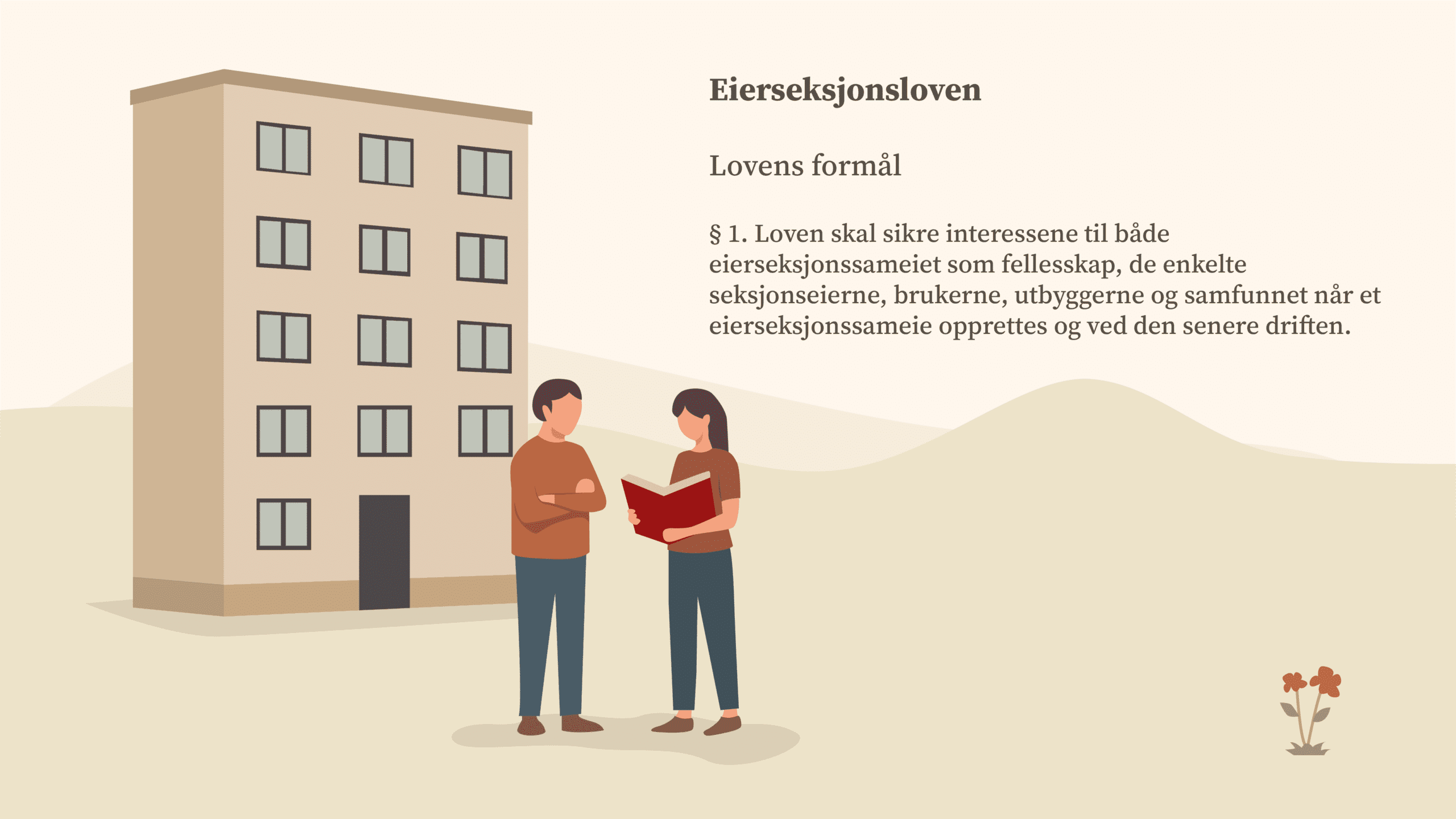 Illustrasjon av to personer som står utenfor en boligblokk og leser lovtekst om eierseksjonsloven som regulerer rettigheter og plikter i seksjonssameier.